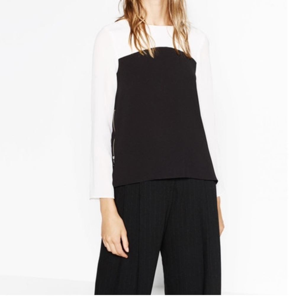 ZARA Basic Collectible Two-Tone Black/White Long Sleeve Blouse